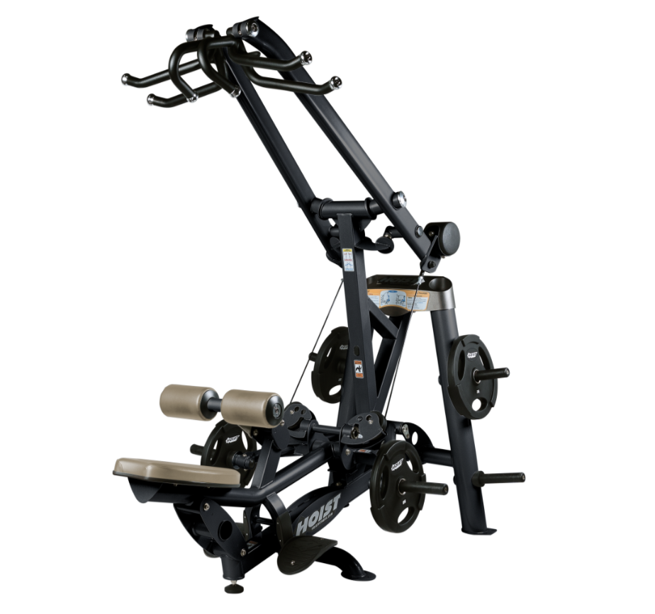 Hoist plate loaded lat pulldown machine with overhead lever arms, seat, thigh pads, and weight plate storage for back training