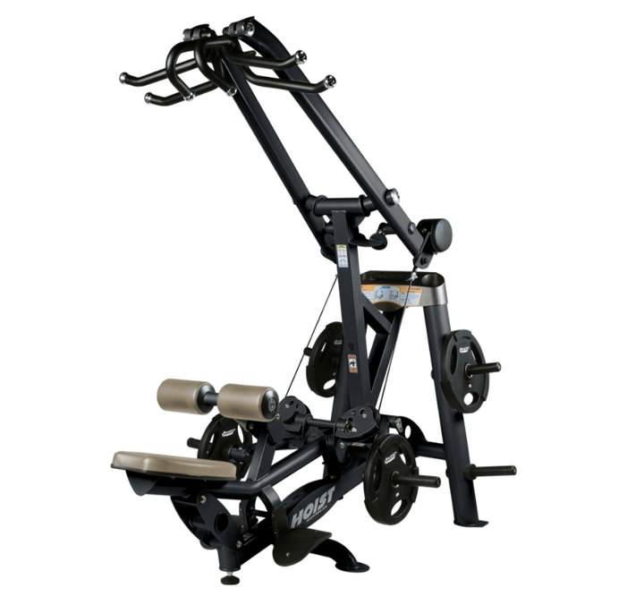 Hoist plate loaded lat pulldown machine with overhead lever arms, seat, thigh pads, and weight plate storage for back training
