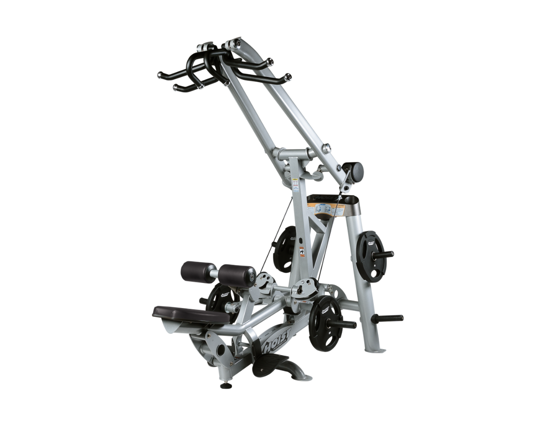 Hoist plate loaded lat pulldown machine with overhead lever arms, seat, thigh pads, and weight plate storage for back training