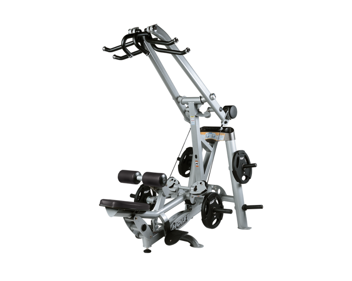 Hoist plate loaded lat pulldown machine with overhead lever arms, seat, thigh pads, and weight plate storage for back training
