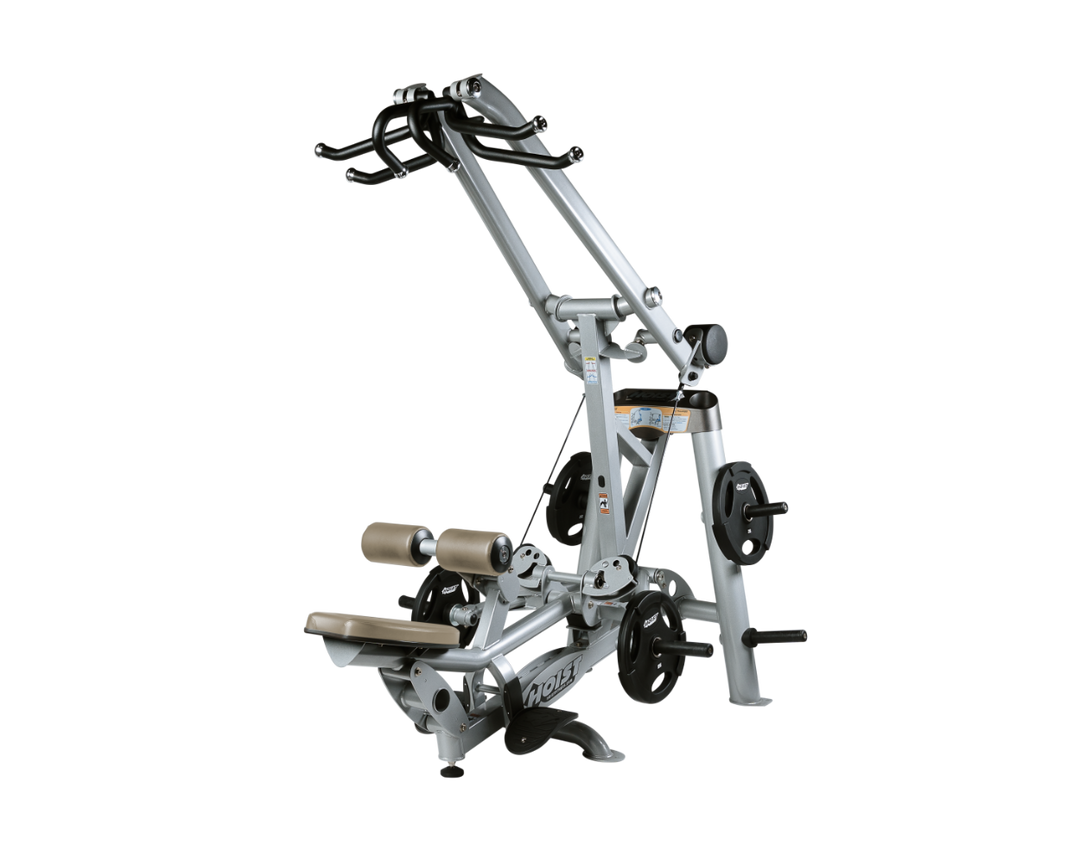 Hoist plate loaded lat pulldown machine with overhead lever arms, seat, thigh pads, and weight plate storage for back training