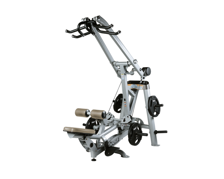 Hoist plate loaded lat pulldown machine with overhead lever arms, seat, thigh pads, and weight plate storage for back training