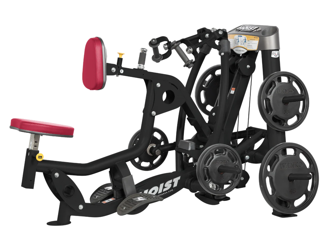 Hoist plate loaded mid row machine with red upholstery, chest pad, and independent arm movement for back training