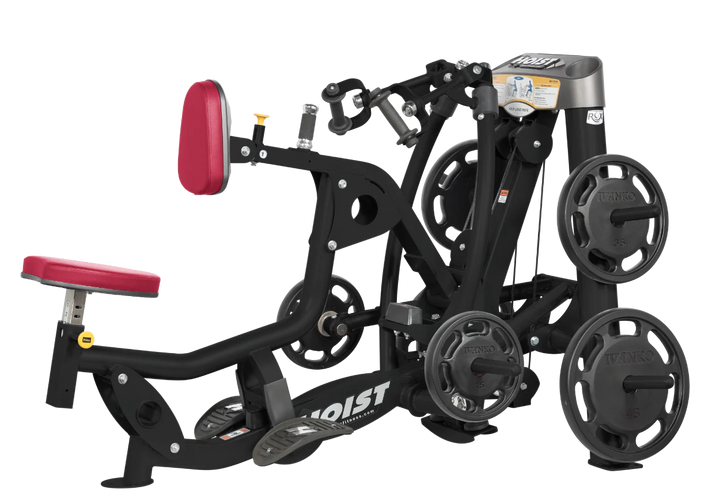 Hoist plate loaded mid row machine with red upholstery, chest pad, and independent arm movement for back training
