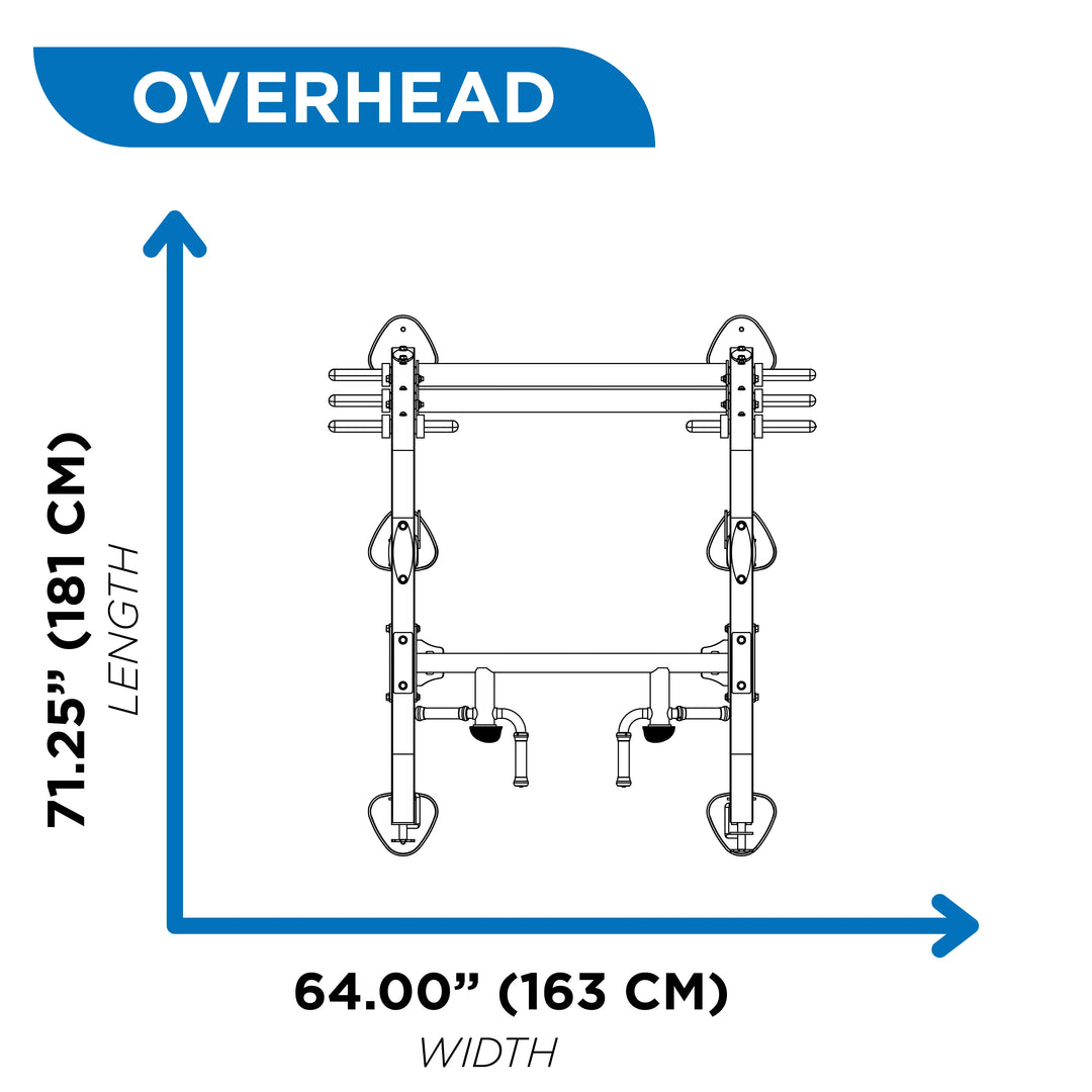 Overhead diagram of power cage showing 71.25 inch length and 64 inch width dimensions