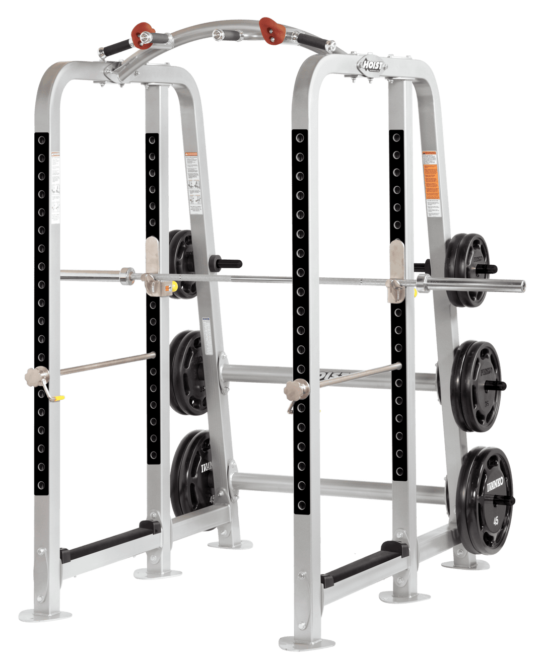 Platinum finish power cage with open lifting area, adjustable hooks, and plate storage