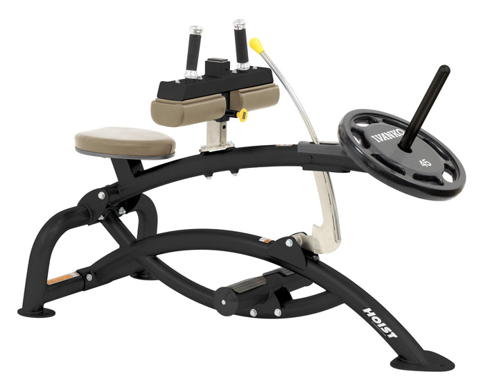 Hoist plate loaded seated calf raise machine with thigh pads, foot platform, and weight plate horn for calf muscle training