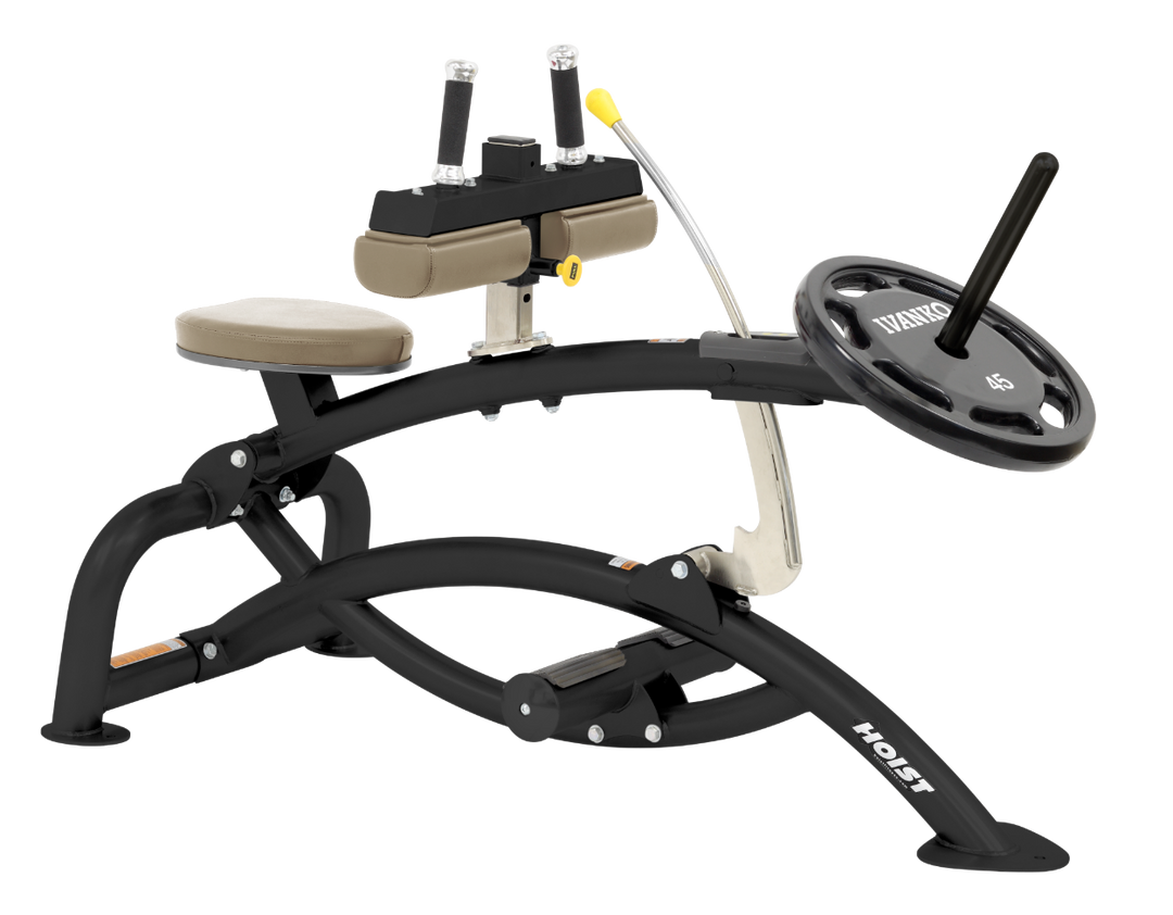 seated calf raise machine with red padding showing alternate upholstery color and plate-loaded design