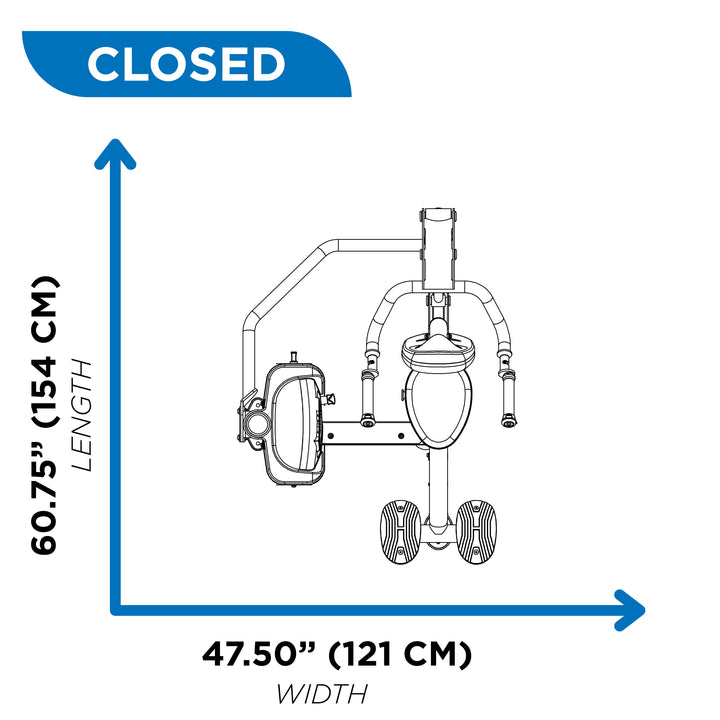 Overhead diagram of seated dip machine in closed position showing 60.75 inch length and 47.50 inch width