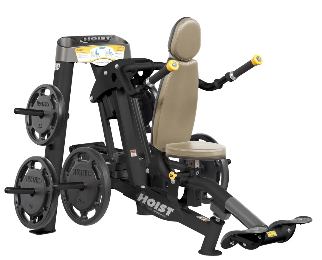 Hoist commercial seated dip machine with plate-loaded resistance, ergonomic seat, and angled handles for triceps training