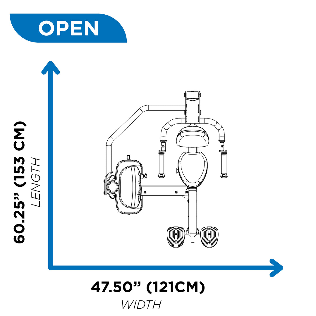 Overhead diagram of seated dip machine in open position showing 60.25 inch length and 47.50 inch width