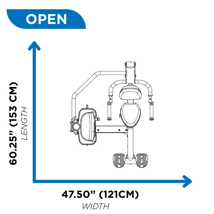 Overhead diagram of seated dip machine in open position showing 60.25 inch length and 47.50 inch width