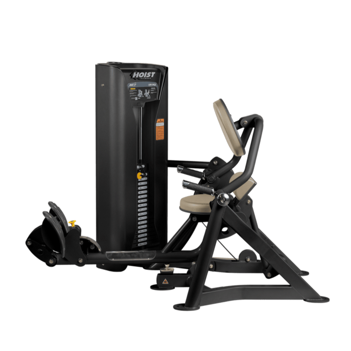 Hoist commercial seated mid row machine with chest support, adjustable seat, and selectorized weight stack for back workouts