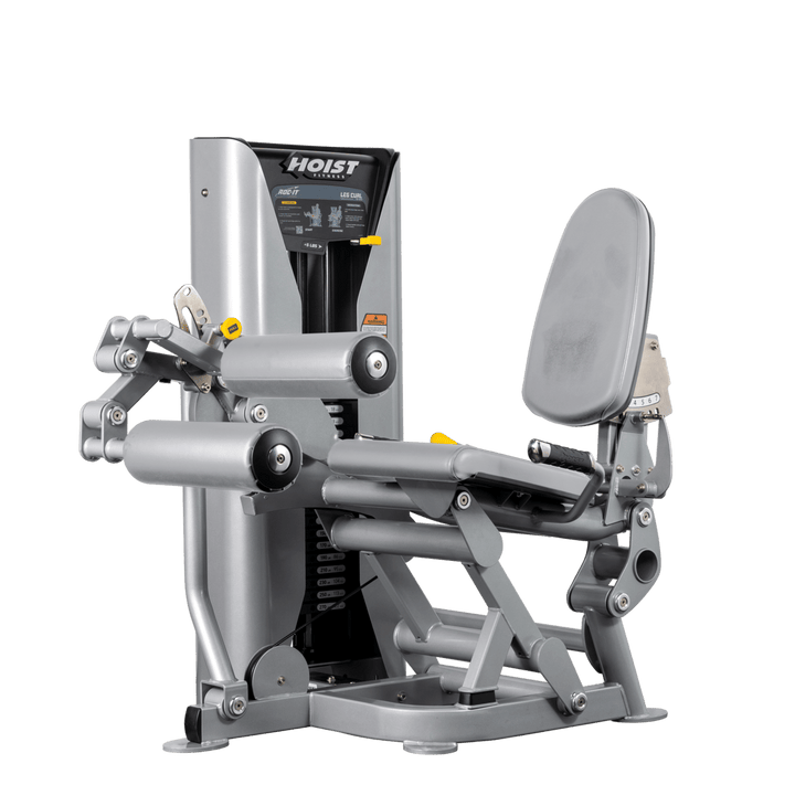 side view of selectorized leg press machine highlighting ergonomic seating and leg extension movement path