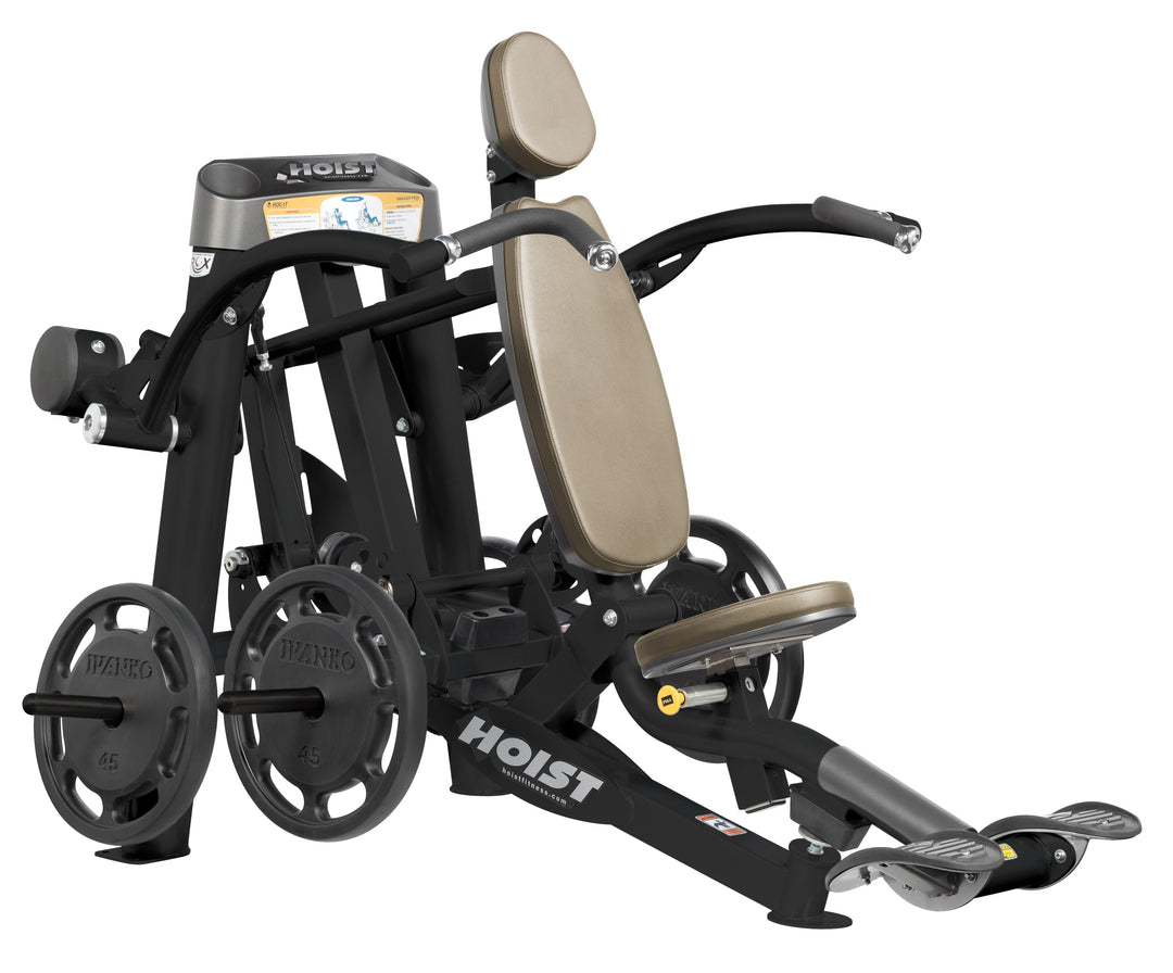 Hoist plate loaded shoulder press machine with ergonomic seat, back support, and overhead pressing arms for shoulder training