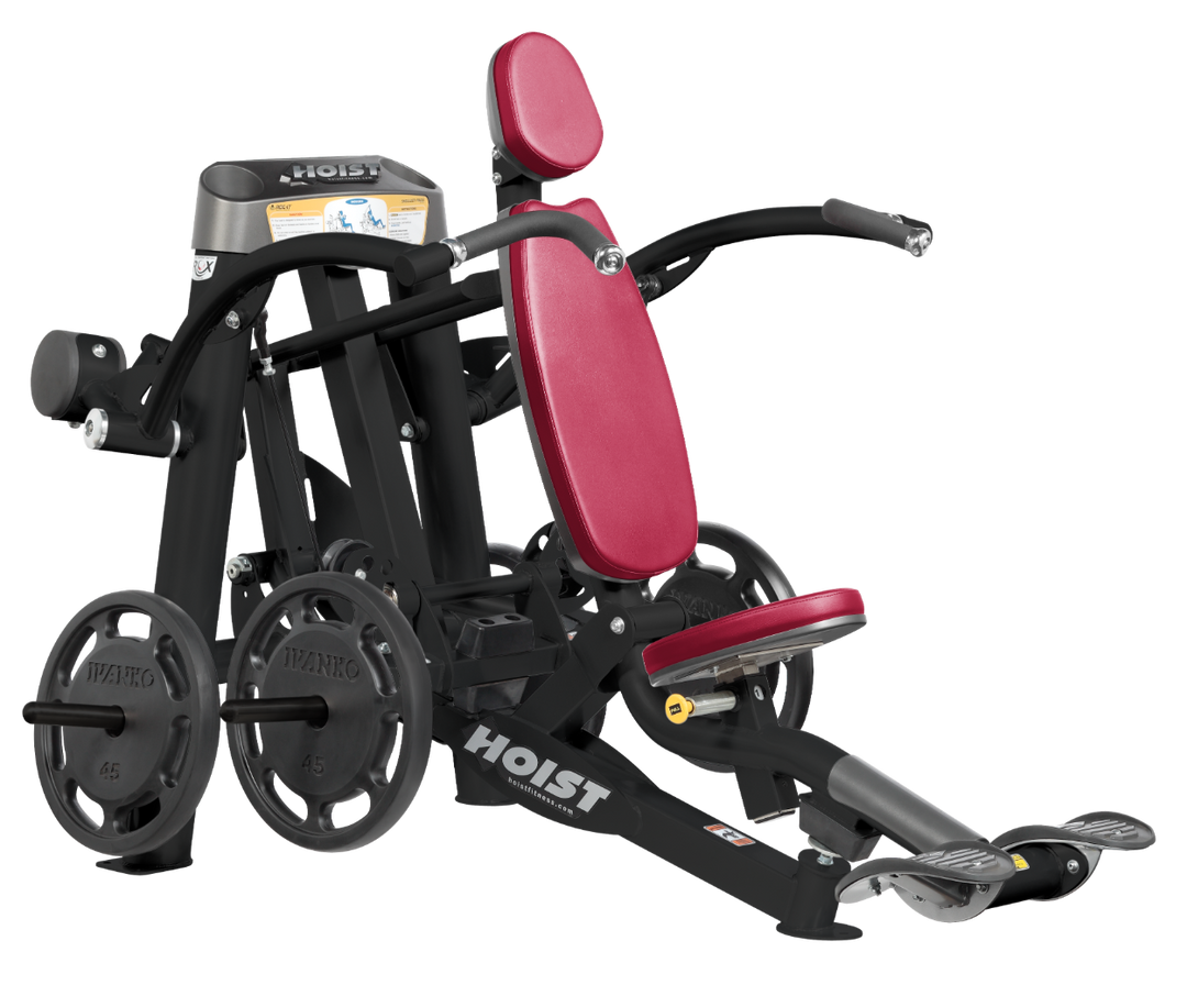 shoulder press machine with red seat and backrest showing alternate upholstery color and plate-loaded design