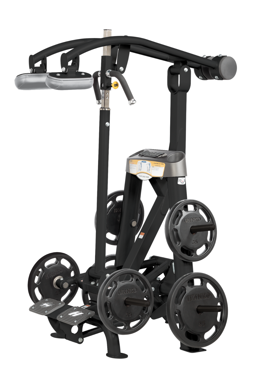 standing calf raise machine with gray shoulder pads highlighting ergonomic support and commercial frame