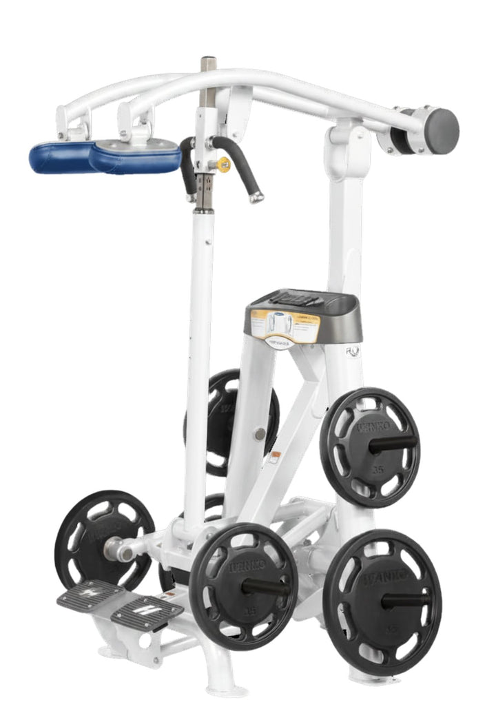 Hoist plate loaded standing calf raise machine with shoulder pads, foot platform, and weight plate storage for calf training