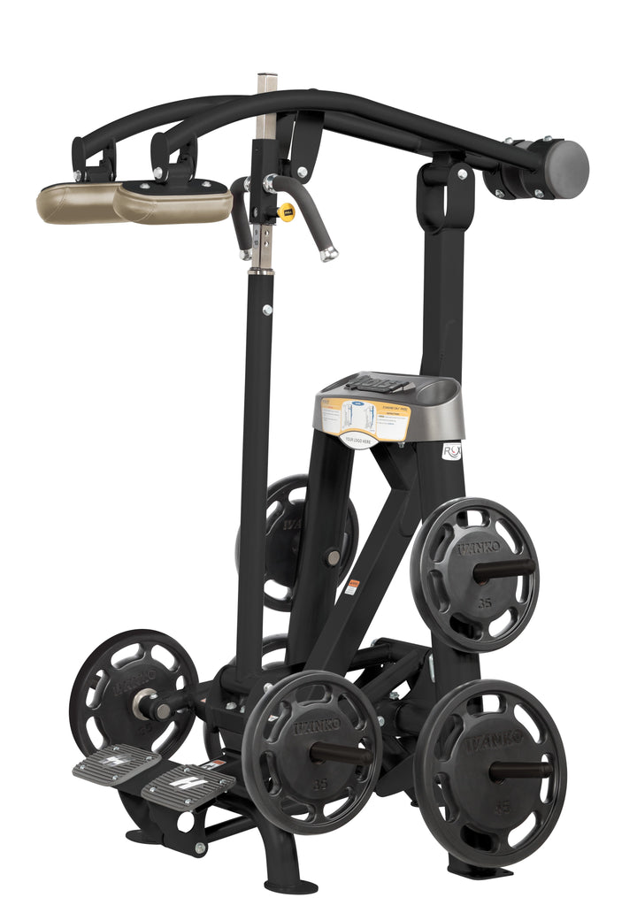 Hoist plate loaded standing calf raise machine with shoulder pads, foot platform, and weight plate storage for calf training