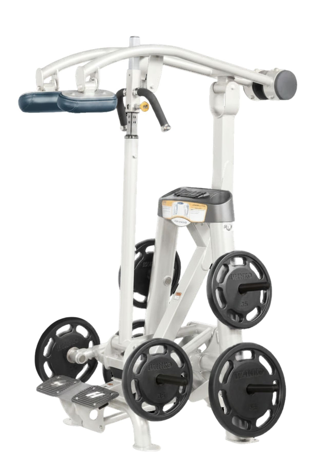 Hoist plate loaded standing calf raise machine with shoulder pads, foot platform, and weight plate storage for calf training