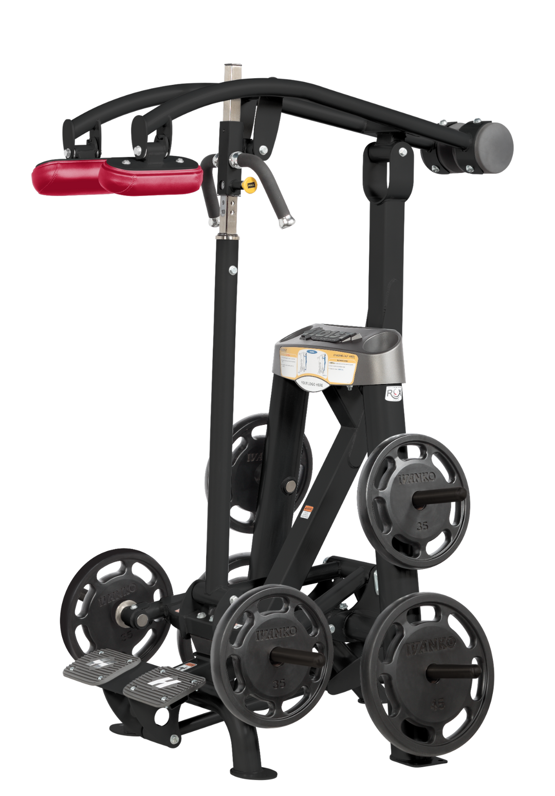standing calf raise machine with red shoulder pads showing alternate upholstery color and plate-loaded design