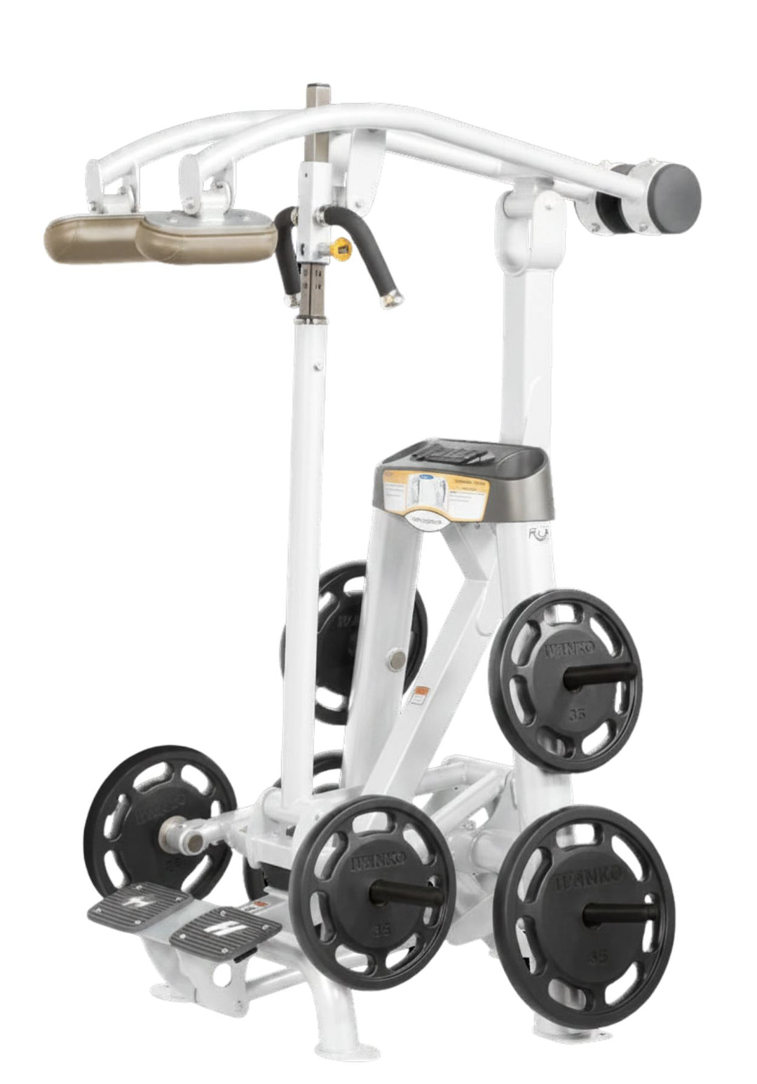 Hoist plate loaded standing calf raise machine with shoulder pads, foot platform, and weight plate storage for calf training