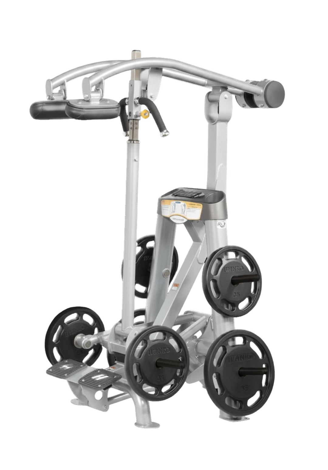Hoist plate loaded standing calf raise machine with shoulder pads, foot platform, and weight plate storage for calf training