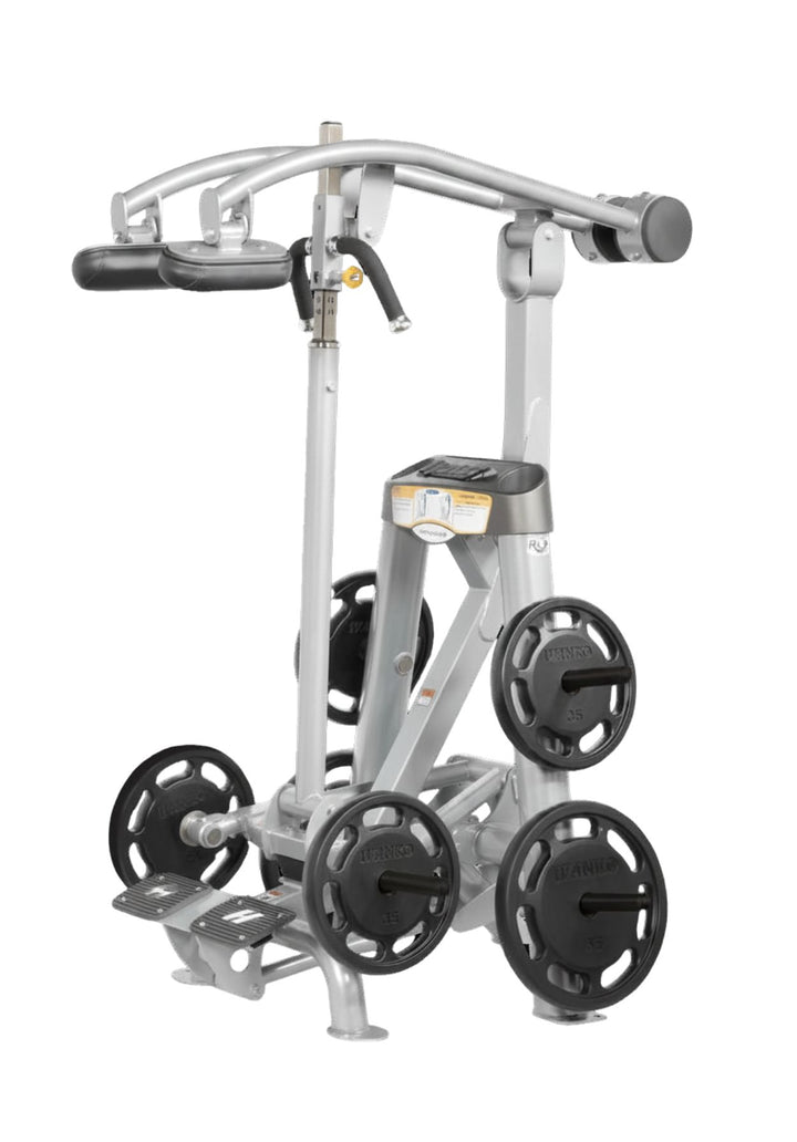 Hoist plate loaded standing calf raise machine with shoulder pads, foot platform, and weight plate storage for calf training