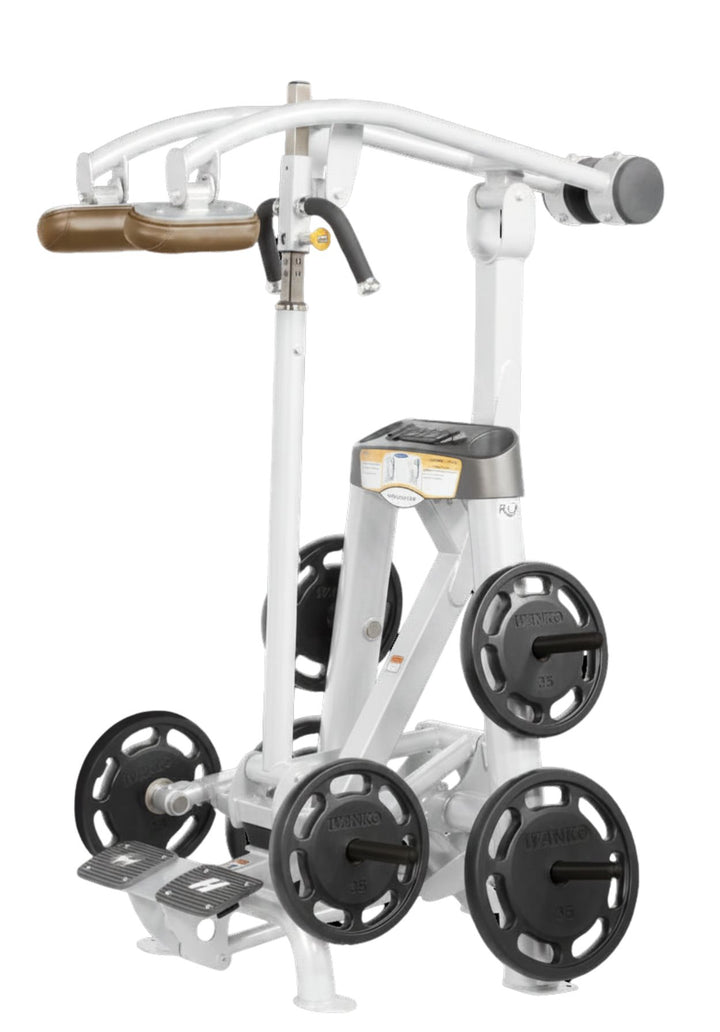 Hoist plate loaded standing calf raise machine with shoulder pads, foot platform, and weight plate storage for calf training