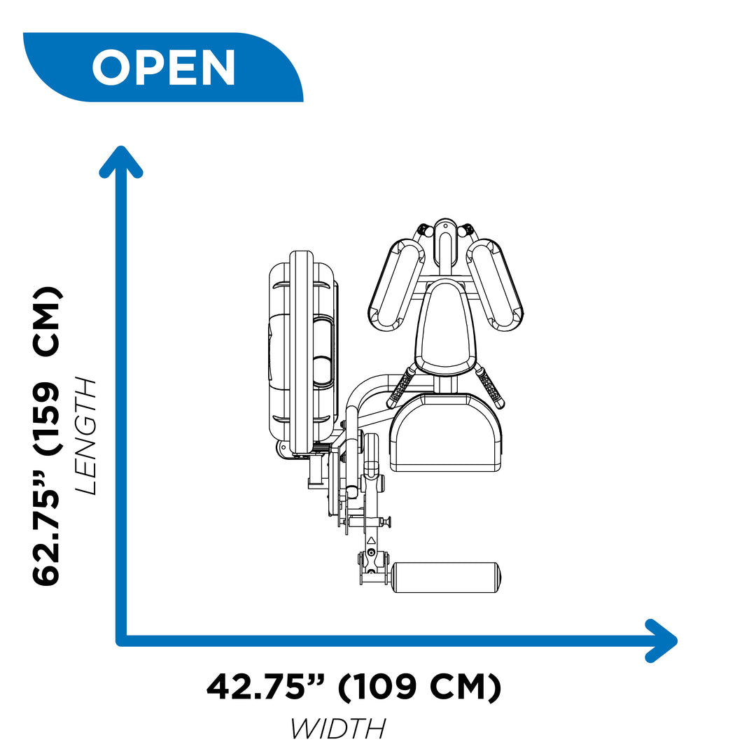 Overhead diagram of standing prone leg curl machine in open position showing 62.75 inch length and 42.75 inch width