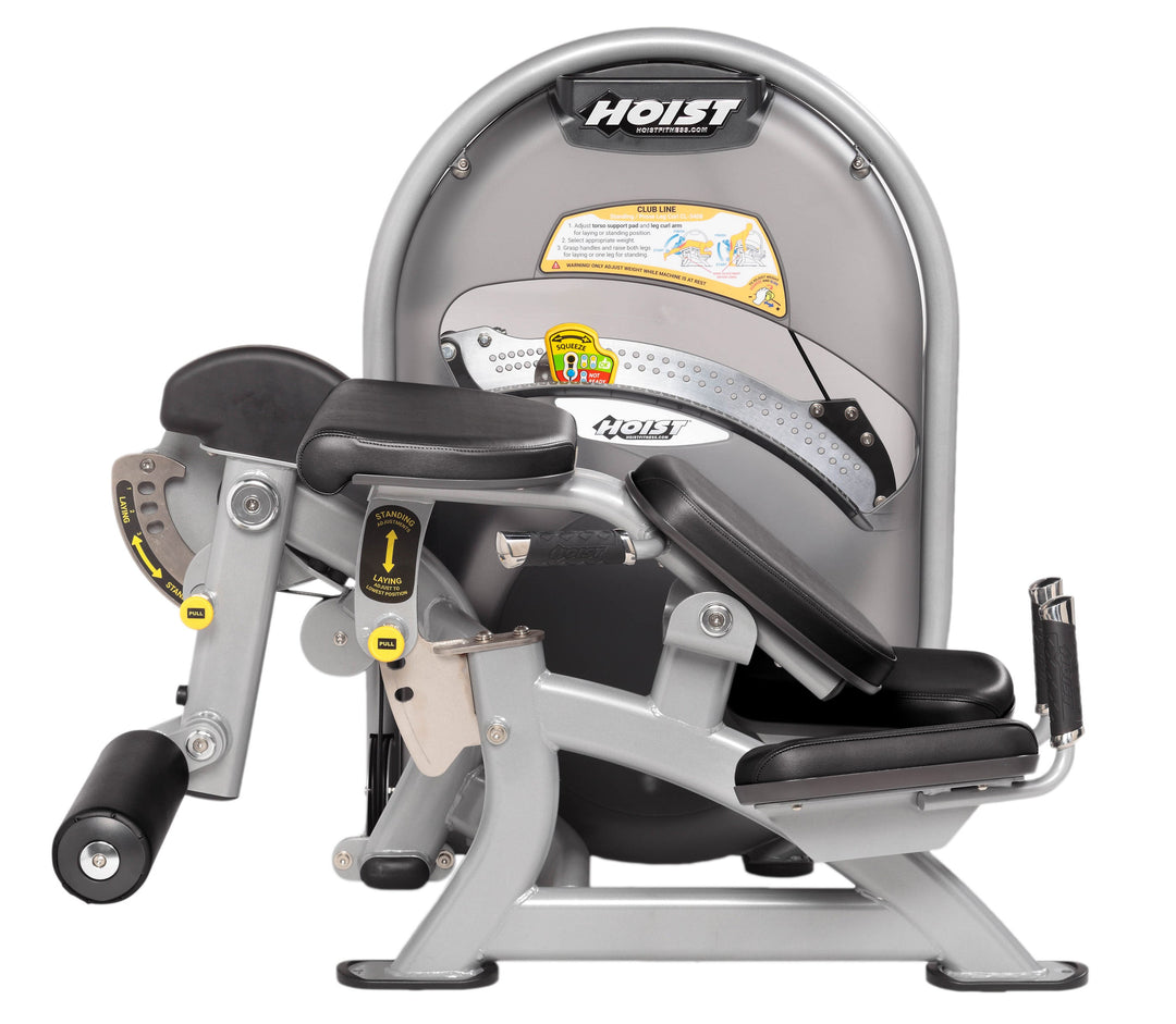 Side profile of standing prone leg curl machine highlighting pad adjustments and compact frame