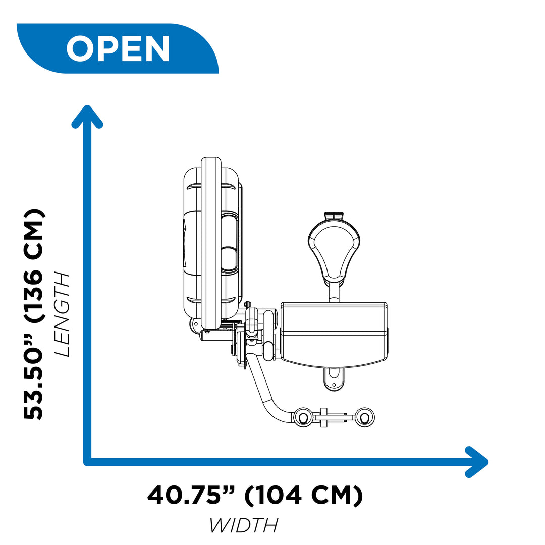 Overhead diagram of triceps extension machine in open position showing 43 inch length and 40.75 inch width