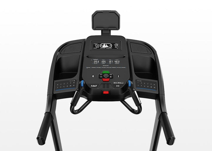 Front view of the Horizon 7.0 AT treadmill console with LCD display and controls.