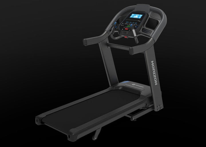 Angled view of the Horizon 7.4 AT folding treadmill.