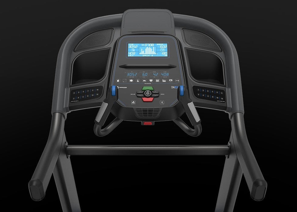 Front view of the Horizon 7.4 AT treadmill console with LCD display.