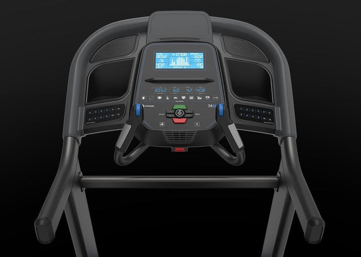 Front view of the Horizon 7.4 AT treadmill console with LCD display.