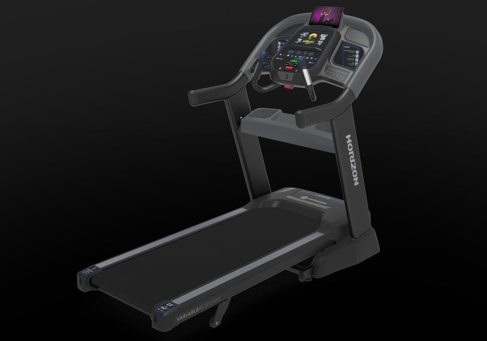 Angled view of the Horizon Elite 7.0 AT treadmill showing the frame and running surface.