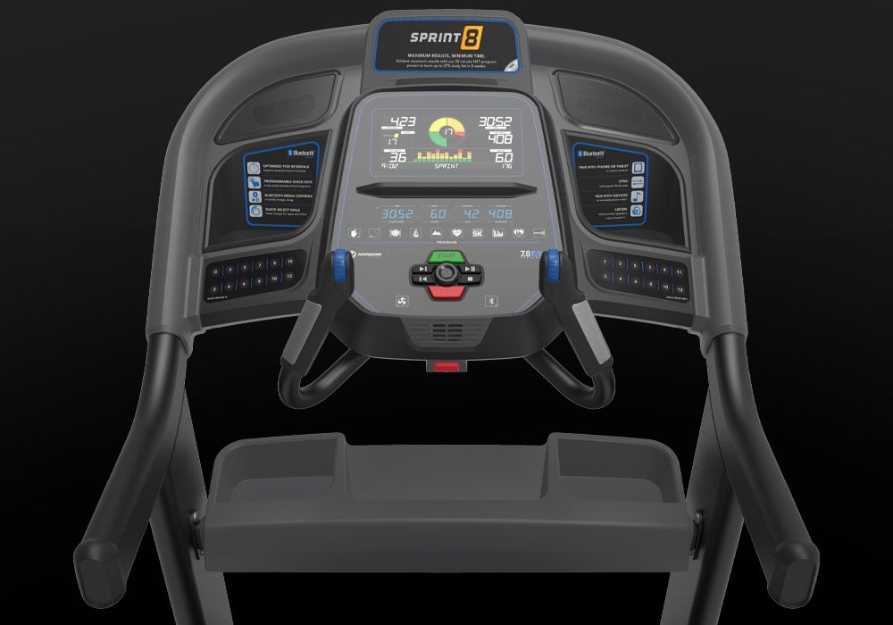 Front view of the Horizon Elite 7.0 AT treadmill console with integrated display.
