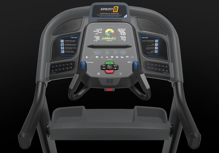 Front view of the Horizon Elite 7.0 AT treadmill console with integrated display.