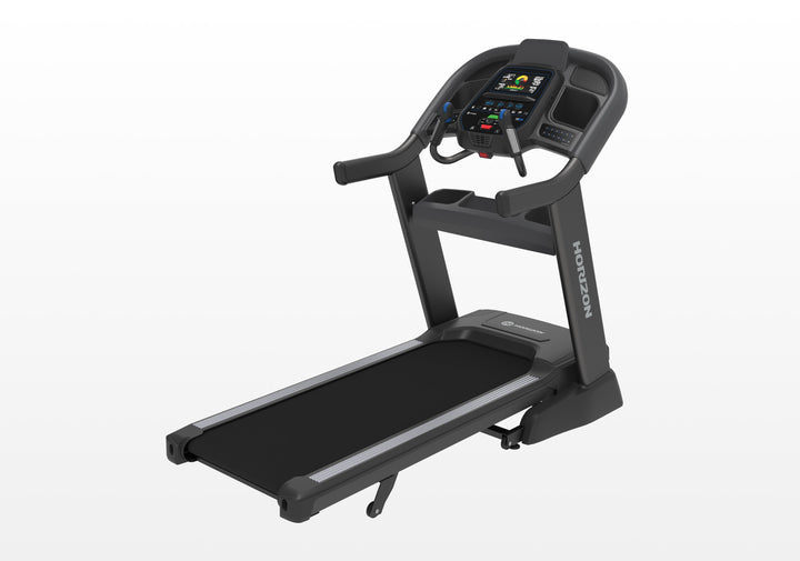 Front angled view of the Horizon Elite 7.0 AT treadmill with color display and running deck.