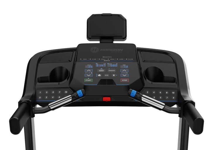 Close-up of the Horizon T101 Connect treadmill console with Bluetooth controls and LED display.