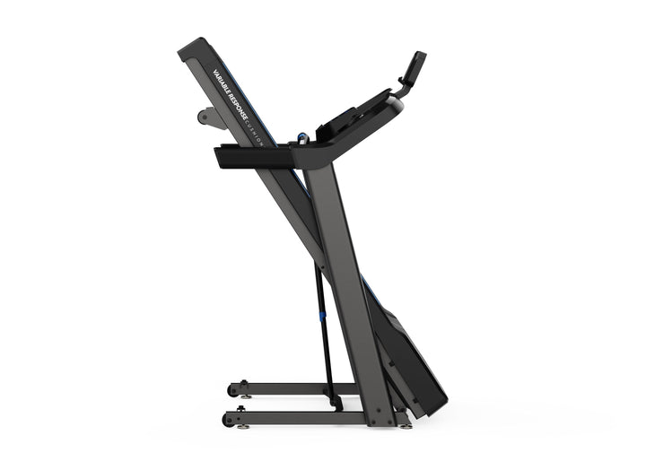 Folded Horizon T101 Connect treadmill displayed for space-saving storage.
