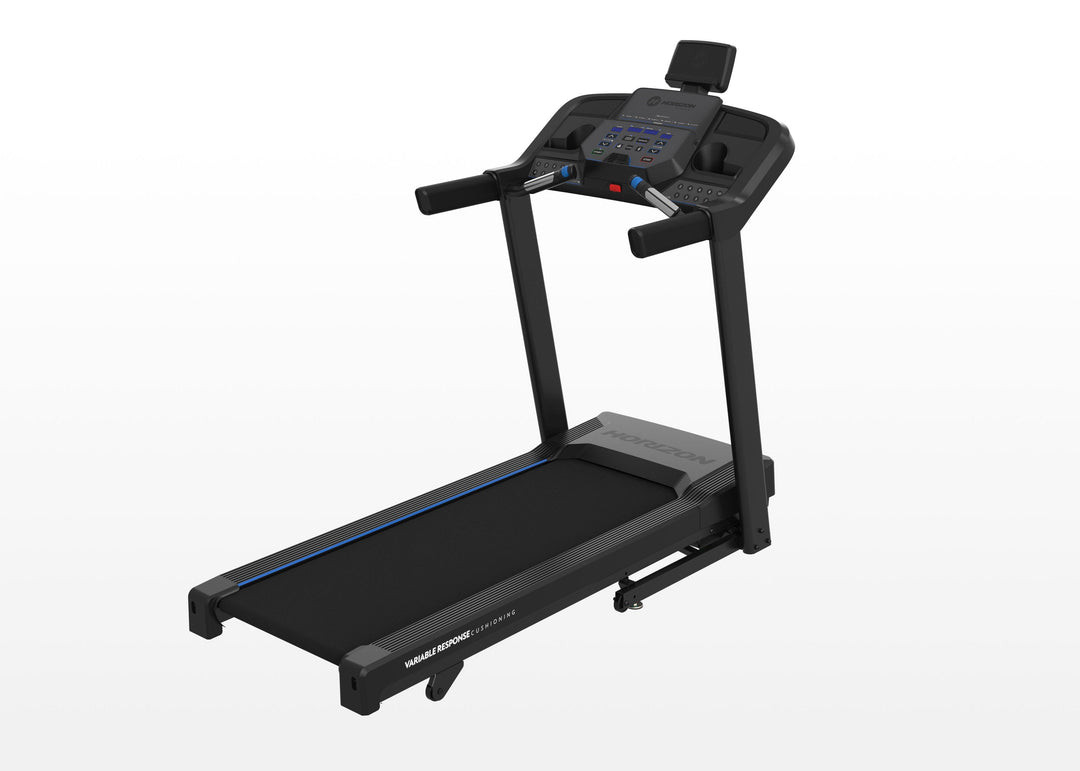 Horizon T101 Connect folding treadmill with Bluetooth console and cushioned running deck.