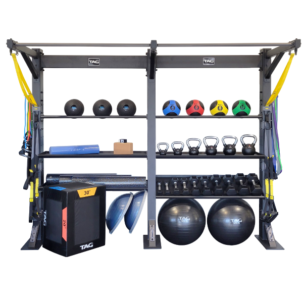 Hospitality Double bay fitness storage frame organized with balls, mats and assorted training accessories  