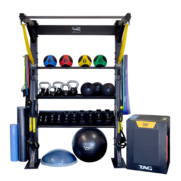 Hospitality Single bay fitness storage frame holding balls, mats, resistance equipment and training accessories