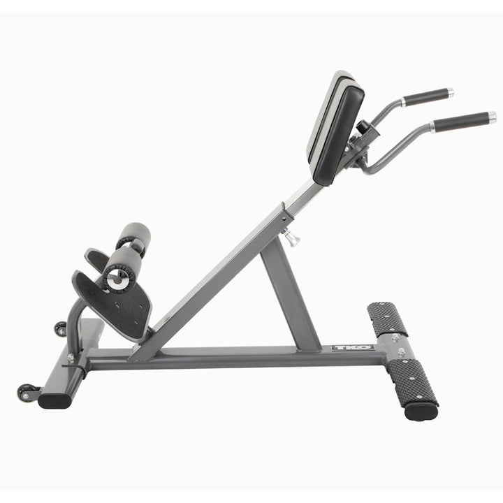 Profile view of adjustable commercial hyper extension bench