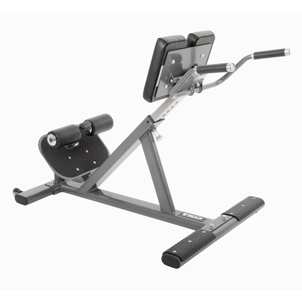 Rear view of commercial hyper extension bench showing support pads