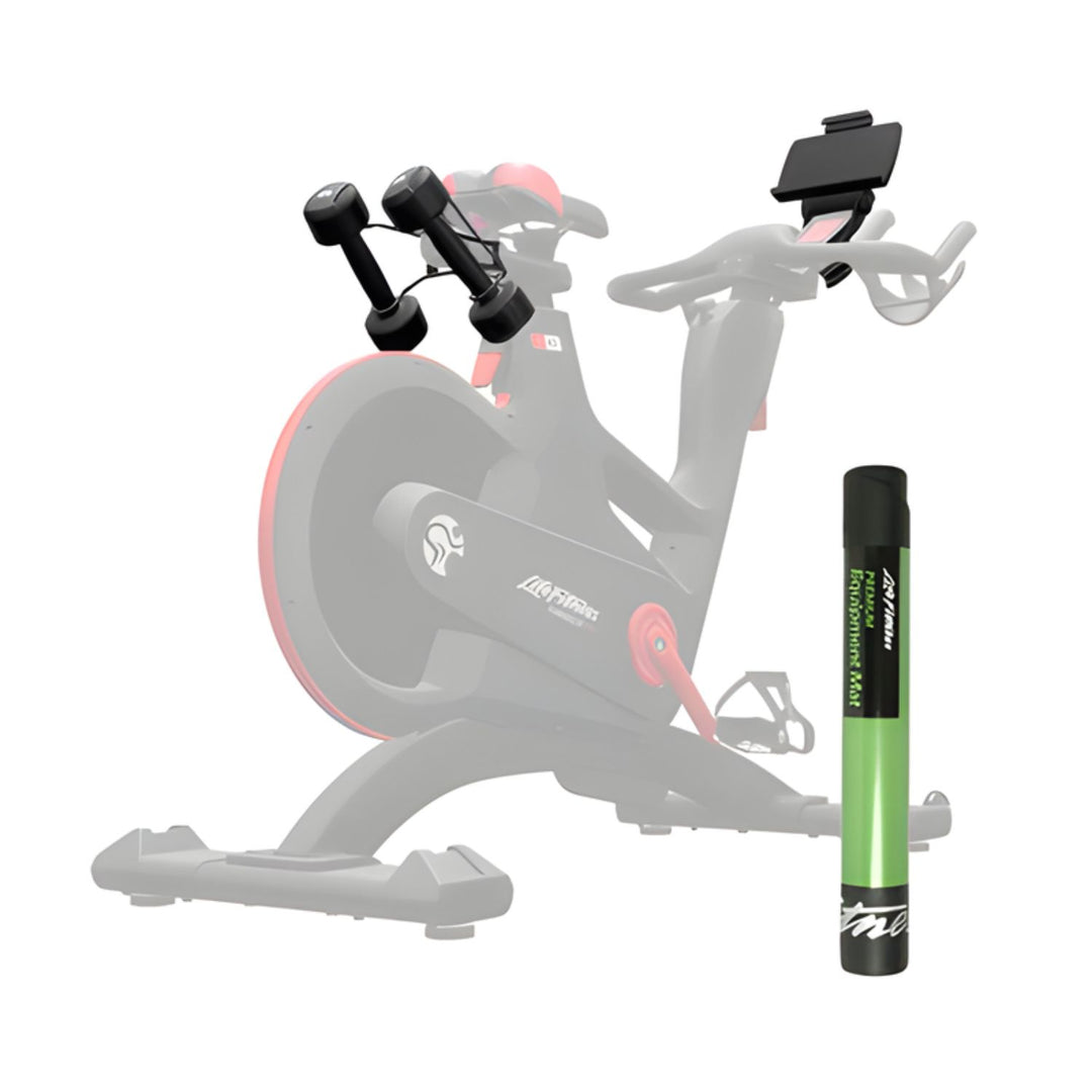 IC indoor cycle accessories including dumbbells, tablet holder, and maintenance kit for enhanced training setup