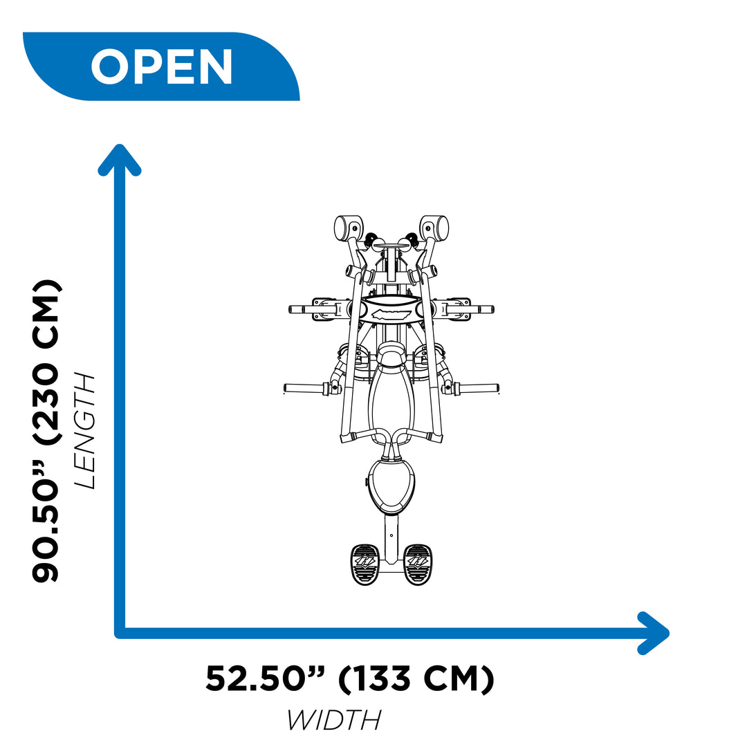 overhead diagram showing open footprint of incline chest press machine at 90.50 inch length and 52.50 inch width
