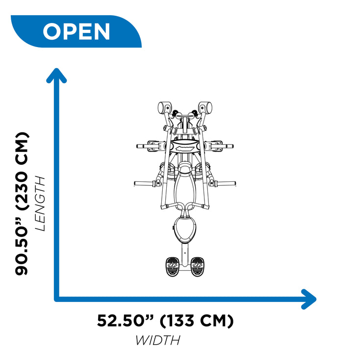 overhead diagram showing open footprint of incline chest press machine at 90.50 inch length and 52.50 inch width